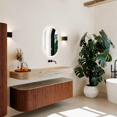 MONDIAZ THOR-DLUX 150cm meuble de salle de bains arrondi gauche + droite couleur Ruby avec 1 tiroir et 2 portes. Vasque suspendue CLOUD Droite sans trou de robinet couleur Arena.