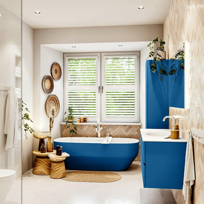 Mondiaz VICA ensemble de meuble de salle de bain - 120cm - meuble sous-vasque jeans - 2 tiroirs - lavabo moon milieu - 1 trou de robinet - couleur talc - miroir LED - version XL 60cm haut