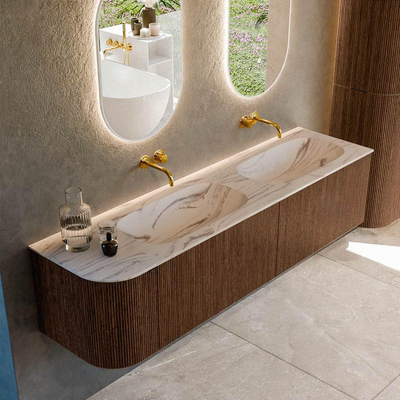 MONDIAZ KURVE-DLUX meuble de salle de bains 175cm arrondi à gauche couleur noyer avec 2 tiroirs et 1 porte. Lavabo STOR SMALL double / droite sans trou de robinet Nata.