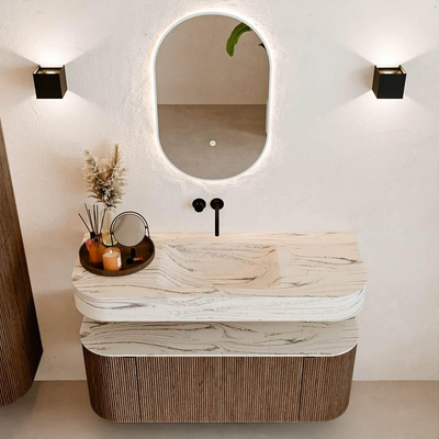 MONDIAZ THOR-DLUX 120cm badmeubel ronding links + rechts kleur Walnut met 1 lade en 2 deuren. Vrijhangende wastafel CLOUD Midden zonder kraangat kleur Nata.