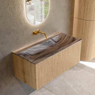 MONDIAZ KURVE-DLUX Meuble de salle de bains 100cm couleur Oak avec 1 tiroir et 0 porte. Lavabo BIG MEDIUM Central sans trou de robinet Sombra.