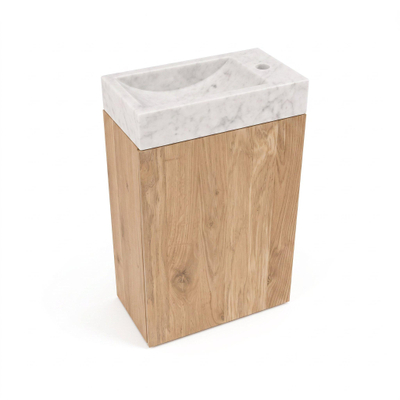 Saniclass Holz Pure Ensemble de meuble WC - 40x60.5cm - 1 porte - lave-mains pierre naturelle marbre - trou de robinet à droite - chêne naturel