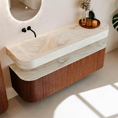 MONDIAZ THOR-DLUX 150cm meuble de salle de bains arrondi gauche + droite couleur Ruby avec 1 tiroir et 2 portes. Vasque suspendue CLOUD Gauche sans trou de robinet couleur Ostra.