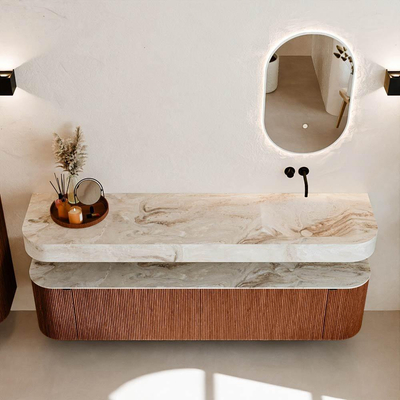 MONDIAZ THOR-DLUX Meuble de salle de bains - 190cm - arrondi gauche + droite - couleur Ruby - 2 tiroirs et 2 portes - Vasque suspendue CLOUD droite sans trou de robinet - couleur Frappe