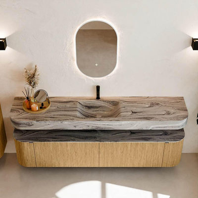 MONDIAZ THOR-DLUX Meuble de salle de bains 200cm arrondi gauche + droite couleur Oak avec 2 tiroirs et 2 portes. Vasque suspendue CLOUD Milieu 1 trou de robinet couleur Sombra.