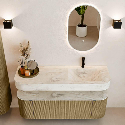 MONDIAZ THOR-DLUX 140cm meuble de salle de bains arrondi gauche + droite couleur Dusk avec 1 tiroir et 2 portes. Vasque suspendue CLOUD Droite 1 trou de robinet couleur Ostra.