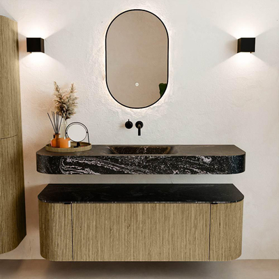 MONDIAZ THOR-DLUX Meuble de salle de bains 140cm arrondi gauche + droite couleur Dusk avec 1 tiroir et 2 portes. Vasque suspendue CLOUD Milieu sans trou de robinet couleur Lava.