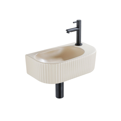 QeramiQ Fuente Ensemble de lavabo - 40x21.5x12cm - droite - nervuré - demi-rond - 1 trou de robinet - céramique - robinet de lave-mains noir mat - bonde - siphon abaissé - beige