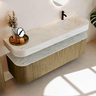 MONDIAZ THOR-DLUX 160cm meuble de salle de bains arrondi gauche + droite couleur Dusk avec 1 tiroir et 2 portes. Vasque suspendue CLOUD Droite 1 trou de robinet couleur Opalo.