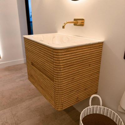 Mondiaz CIRO-DLUX Badkamermeubelset - 70x45x50cm - Solid surface wastafel Ostra - 1 wasbak Midden - zonder kraangaten - 2 lades - Oak