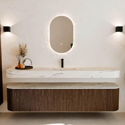 MONDIAZ THOR-DLUX 200cm meuble de salle de bains arrondi gauche + droite couleur Walnut avec 2 tiroirs et 2 portes. Vasque suspendue CLOUD Milieu 1 trou de robinet couleur Nata.