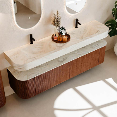 MONDIAZ THOR-DLUX Meuble de salle de bains - 190cm - arrondi gauche + droite - couleur Ruby - 2 tiroirs et 2 portes - Lavabo suspendu CLOUD Double 2 trous de robinet - couleur Ostra