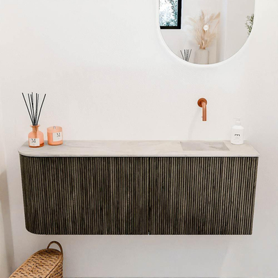 Mondiaz JOYA-DLUX 111.6cm meuble de salle de bains - arrondi gauche couleur Shadow - Vasque FAYE position Droite Sans trou de robinet couleur Ostra.