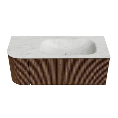 MONDIAZ KURVE-DLUX 115cm Meuble salle de bain avec module 25 G - couleur Walnut - 1 tiroir - 1 porte - vasque BIG SMALL droite - sans trou de robinet - couleur Opalo