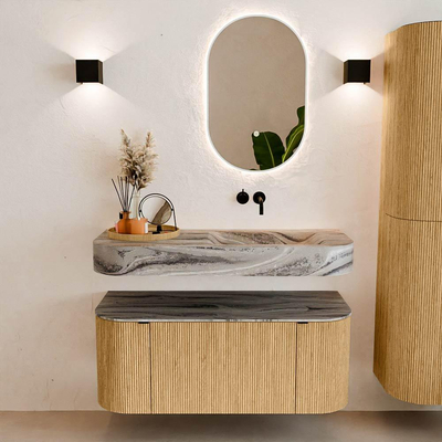 MONDIAZ THOR-DLUX 110cm badmeubel ronding links + rechts kleur Oak met 1 lade en 2 deuren. Vrijhangende wastafel CLOUD Rechts zonder kraangat kleur Sombra.