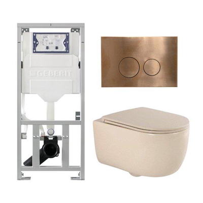 QeramiQ Dely Swirl Ensemble WC- 36.3x51.7cm - Réservoir encastré Geberit UP320 - Abattant fin - Plaque de commande en cuivre - Boutons ronds - Beige