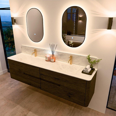 Mondiaz CIRO-DLUX Badkamermeubelset - 190x45x50cm - Solid surface wastafel Opalo - 2 wasbak Dubbel - 2 kraangaten - 4 lades - Shadow