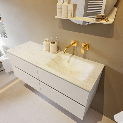 Mondiaz VICA-DLUX ensemble de meuble de salle de bain - 130cm - meuble sous lavabo lin - 4 tiroirs - lavabo encastré cloud droite - sans trous de robinet - version haute de 60cm - opalo