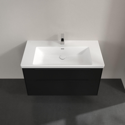 Villeroy & boch subway 3.0 meuble sous-vasque 100x55x45cm avec poignée noire volcanique 2 tiroirs à fermeture douce 1 niche d'aspiration panneau d'aggloméré noir volcanique