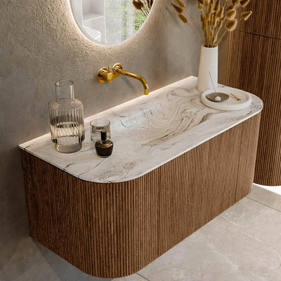 MONDIAZ KURVE-DLUX 100cm Meuble salle de bain avec module 25 G et D - couleur Walnut - 1 tiroir - 2 portes - vasque GRUNNE centre - sans trou de robinet - couleur Glace