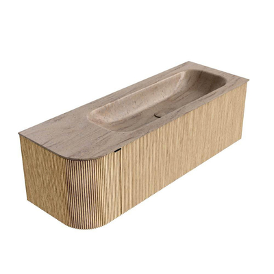 MONDIAZ KURVE-DLUX 135cm badmeubel ronding Links kleur Oak met 1 lade en 1 deur. Wastafel BIG MEDIUM Rechts 1 kraangat Saba.