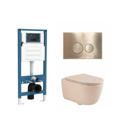 QeramiQ Dely Swirl Ensemble de toilettes - réservoir encastré QeramiQ Flush - abattant fin - plaque de commande en métal laiton brossé - boutons ronds - beige