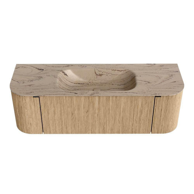 MONDIAZ KURVE-DLUX Meuble de salle de bains 140cm arrondi Gauche + Droite couleur Chêne avec 1 tiroir et 2 portes. Lavabo BIG SMALL Central 1 trou de robinet Arena.
