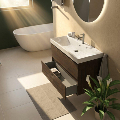 Saniclass Holz Pure Ensemble meuble de salle de bains - 100x45x67.5cm - Wave lavabo en céramique - 1 vasque - 1 trou de robinet - 2 tiroirs - chêne charcoal mat (bois)