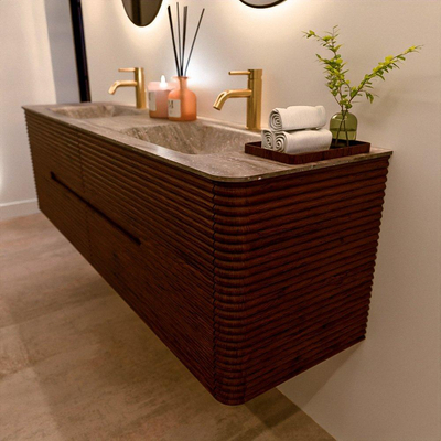 Mondiaz CIRO-DLUX Badkamermeubelset - 170x45x50cm - Solid surface wastafel Oza - 2 wasbak Dubbel - 2 kraangaten - 4 lades - Ruby