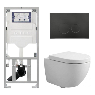 Pack WC QeramiQ Dely Swirl Compact - réservoir encastrable Geberit UP320 - avec bâti-support Burda - abattant 25 mm - plaque de commande en plastique noir mat - boutons ronds - blanc mat