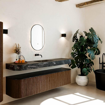 MONDIAZ THOR-DLUX 190cm badmeubel ronding links + rechts kleur Walnut met 2 lades en 2 deuren. Vrijhangende wastafel CLOUD Midden zonder kraangat kleur Lava.