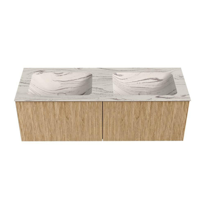 MONDIAZ KURVE-DLUX 130cm badmeubel kleur Oak met 2 lades en 0 deuren. Wastafel LEAF Dubbel zonder kraangat Nata.