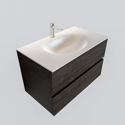 MONDIAZ VICA Ensemble de meuble salle de bain - 80cm - 2 tiroirs - lavabo Moon central - 1 trou de robinet - solid surface marron foncé