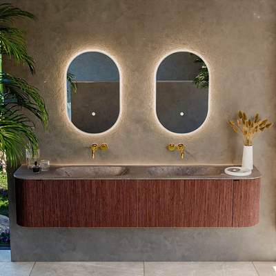 MONDIAZ KURVE-DLUX 200cm meuble de salle de bains arrondi Gauche + Droite couleur Ruby avec 2 tiroirs et 2 portes. Lavabo STOR SMALL Double sans trou de robinet Oza.