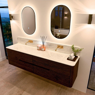 Mondiaz CIRO-DLUX Badkamermeubelset - 190x45x50cm - Solid surface wastafel Opalo - 2 wasbak Dubbel - zonder kraangaten - 4 lades - Walnut