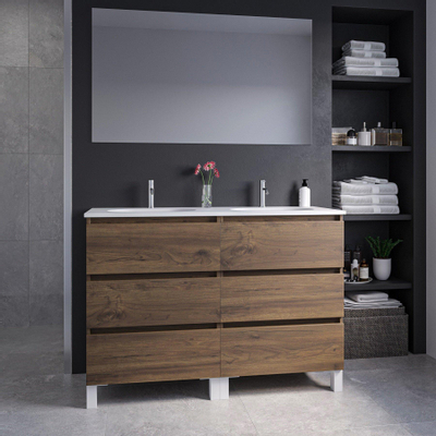 Saniclass Chaci PLUS Meuble de salle de bain - 120x86x46cm - lavabo en céramique blanc - 2 vasques ovales - 2 trous de robinet - 6 tiroirs - miroir rectangulaire - noyer (hout)
