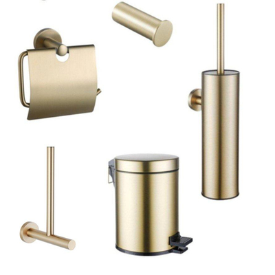 Fortifura Calvi Toiletset 5-delig - toiletrolhouder - reserverolhouder - toiletborstelhouder - handdoekhaak - pedaalemmer - Geborsteld Messing PVD