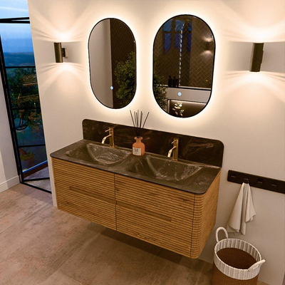 Mondiaz CIRO-DLUX Badkamermeubelset - 130x45x50cm - Solid surface wastafel Lava - 2 wasbak Dubbel - 2 kraangaten - 4 lades - Oak