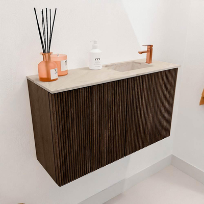 Mondiaz JOYA-DLUX 70cm toiletmeubel - kleur Walnut - Wastafel FAYE positie Rechts 1 kraangat kleur Frappe.