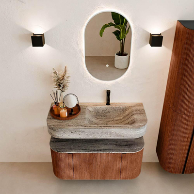 MONDIAZ THOR-DLUX 100cm meuble de salle de bains arrondi gauche + droite couleur Ruby avec 1 tiroir et 2 portes. Vasque suspendue CLOUD Droite 1 trou de robinet couleur Oza.