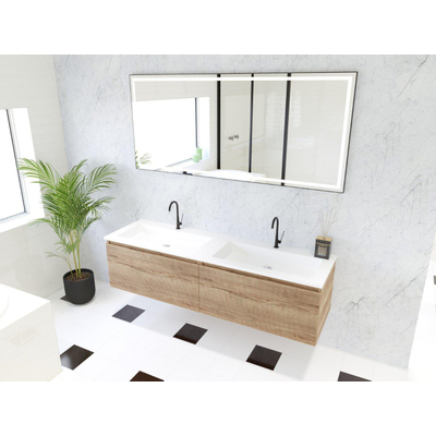 HR badmeubelen Matrix 3D Ensemble meuble de salle de bains 160cm 2 tiroirs sans poignée avec profil de préhension en couleur chêne français avec lavabo thin 2 trous de robinet blanc mat
