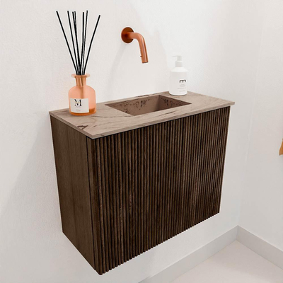 Mondiaz JOYA-DLUX 50cm toiletmeubel - kleur Walnut - Wastafel FAYE positie Rechts Zonder kraangat kleur Arena.