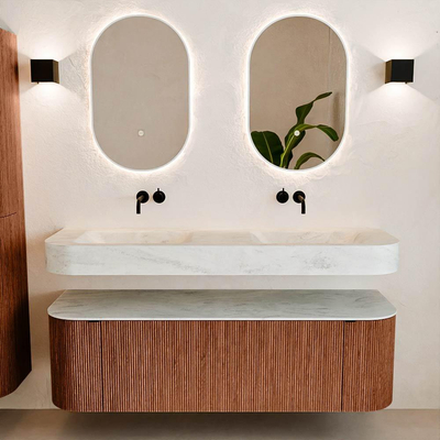 MONDIAZ THOR-DLUX 150cm meuble de salle de bains arrondi gauche + droite couleur Ruby avec 1 tiroir et 2 portes. Vasque suspendue CLOUD Double sans trou de robinet couleur Opalo.