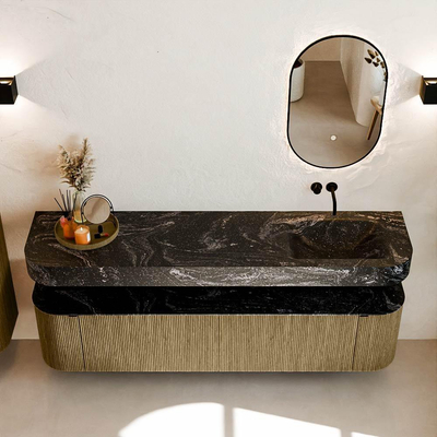 MONDIAZ THOR-DLUX 190cm meuble de salle de bains arrondi gauche + droite couleur Dusk avec 2 tiroirs et 2 portes. Vasque suspendue CLOUD Droite sans trou de robinet couleur Lava.