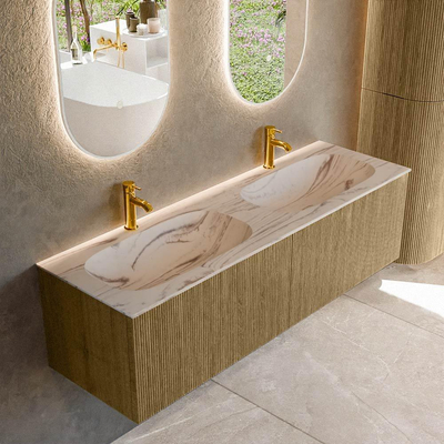 MONDIAZ KURVE-DLUX meuble de salle de bains 150cm couleur Dusk avec 2 tiroirs et 0 portes. Lavabo STOR SMALL Double 2 trous de robinet Nata.