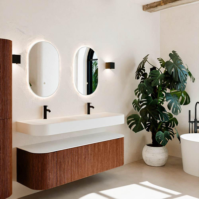 MONDIAZ THOR Meuble de salle de bains 150cm arrondi gauche + droite couleur Ruby avec 1 tiroir et 2 portes. Vasque suspendue CLOUD Double 2 trous de robinet couleur Talc.