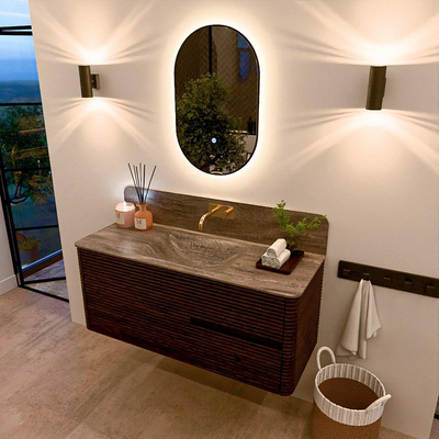 Mondiaz CIRO-DLUX Badkamermeubelset - 120x45x50cm - Solid surface wastafel Oza - 1 wasbak Midden - zonder kraangaten - 2 lades - Walnut