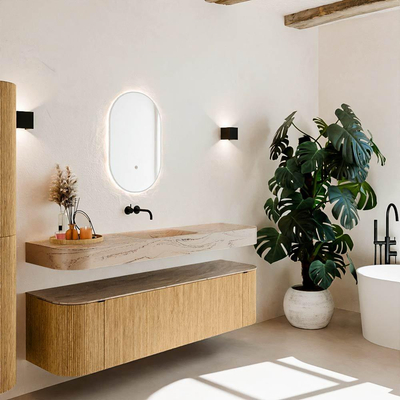 MONDIAZ THOR-DLUX 170cm badmeubel ronding links + rechts kleur Oak met 1 lade en 2 deuren. Vrijhangende wastafel CLOUD Midden zonder kraangat kleur Arena.