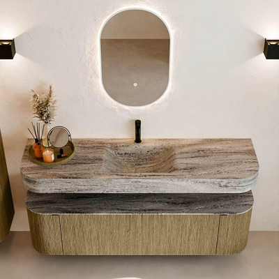 MONDIAZ THOR-DLUX 160cm meuble de salle de bains arrondi gauche + droite couleur Dusk avec 1 tiroir et 2 portes. Vasque suspendue CLOUD Milieu 1 trou de robinet couleur Oza.