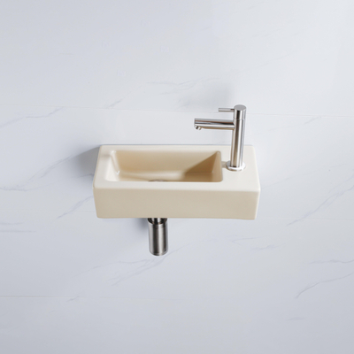 QeramiQ Fuente Ensemble lave-mains - 37.5x18.5x9cm - céramique - trou de robinetterie à droite - robinet de lave-mains inox brossé - bonde - siphon réduit - Beige mat